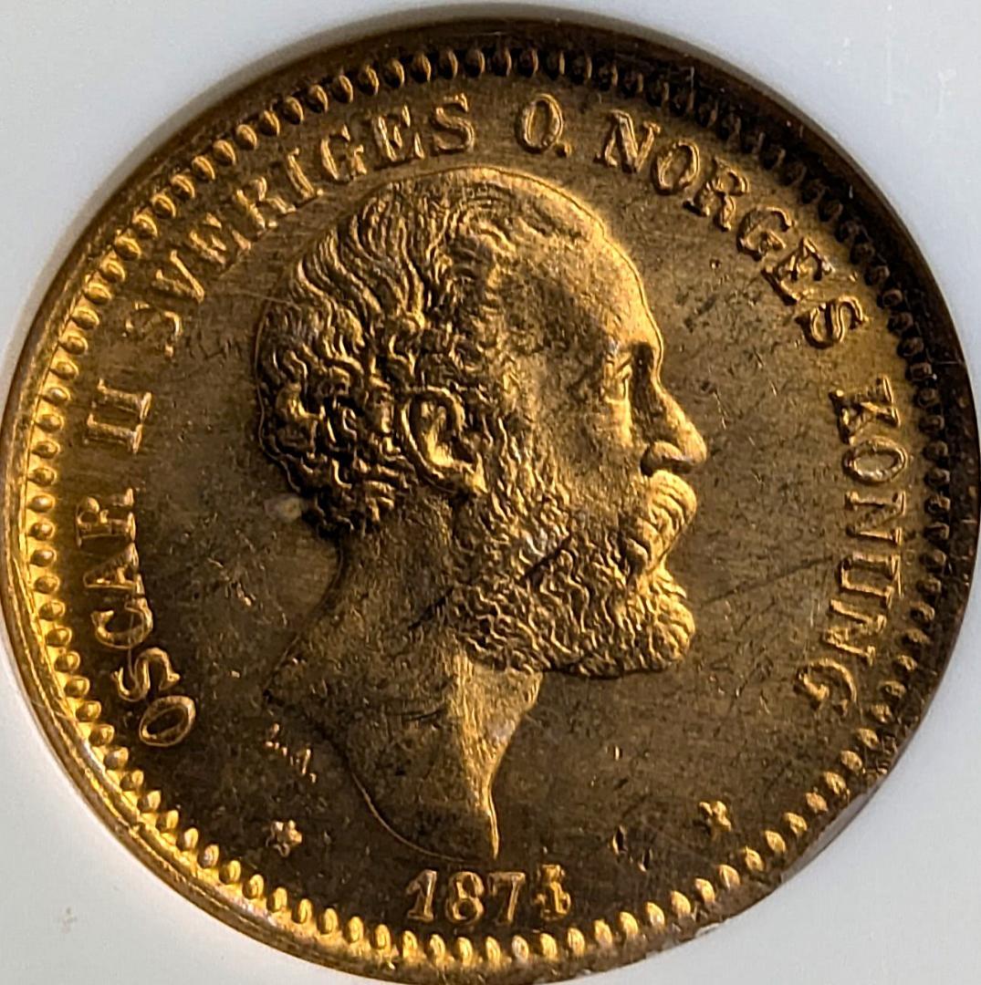 1874年 スウェーデン オスカル2 10クローネ金貨 NGC MS65 金上昇