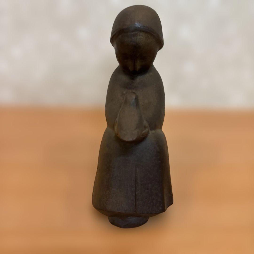 山本正道作 鳩と少女 彫刻 青銅 骨董 アンティーク ビンテージ