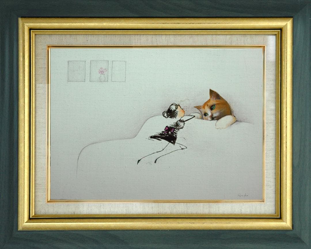 油絵 菅家令子 絵 絵画インテリア額付(青緑＋金色の枠)F4-090518猫女子