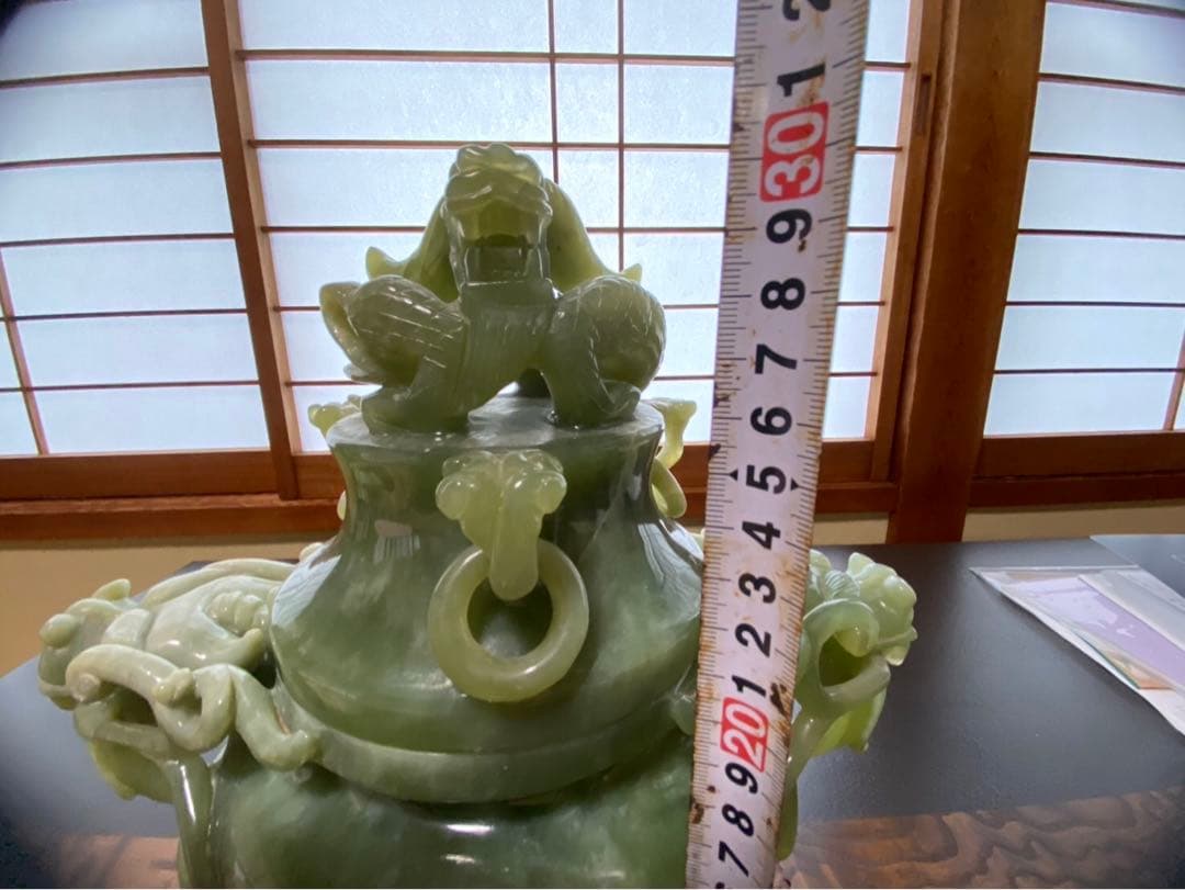 翡翠 玉石 龍双耳龍掴み三足香炉