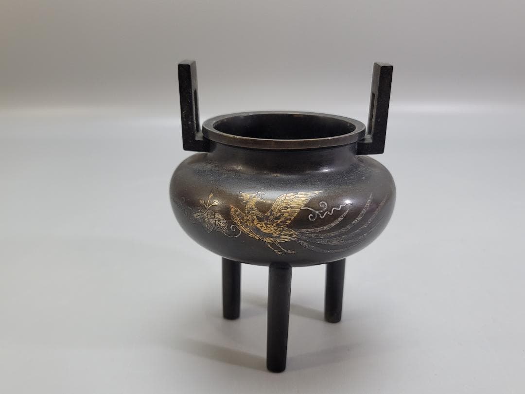 古銅 鳳紋 金銀象嵌 香炉 DT509