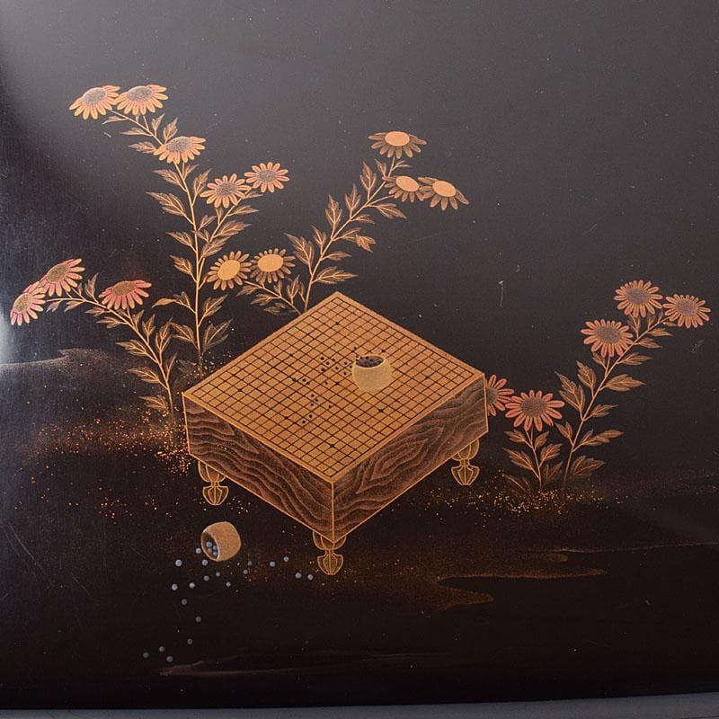 書道具　黒漆　囲碁文　硯箱　水滴・硯・時代箱付　D　R8750