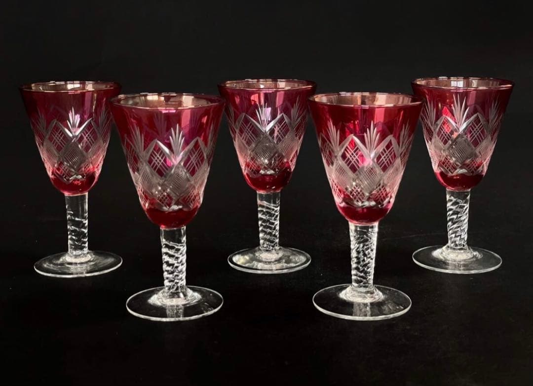 『衿』江戸切子 金赤 ワイングラス 5客 酒杯 酒器 硝子工芸 （鈴10）