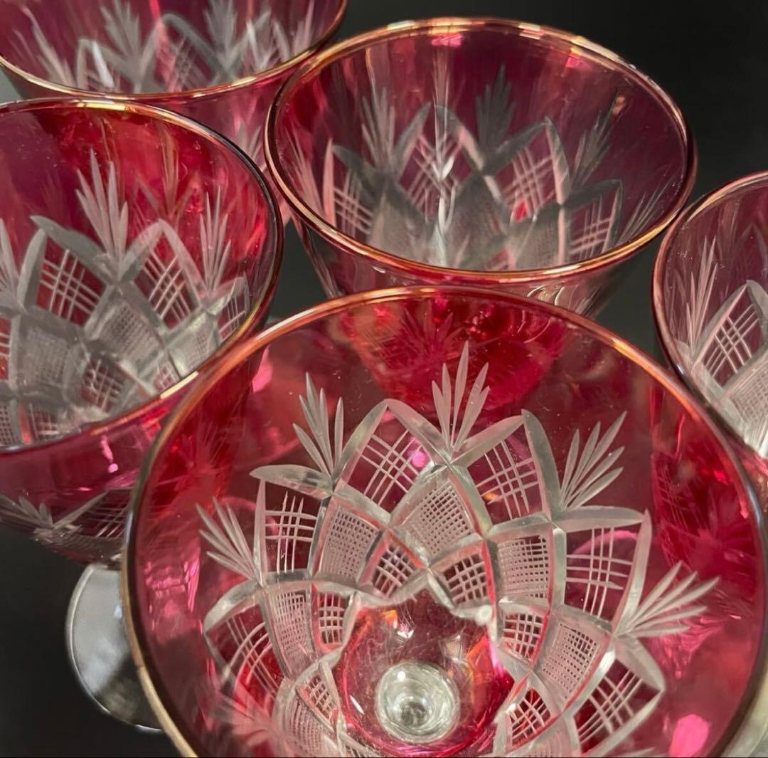 『衿』江戸切子 金赤 ワイングラス 5客 酒杯 酒器 硝子工芸 （鈴10）
