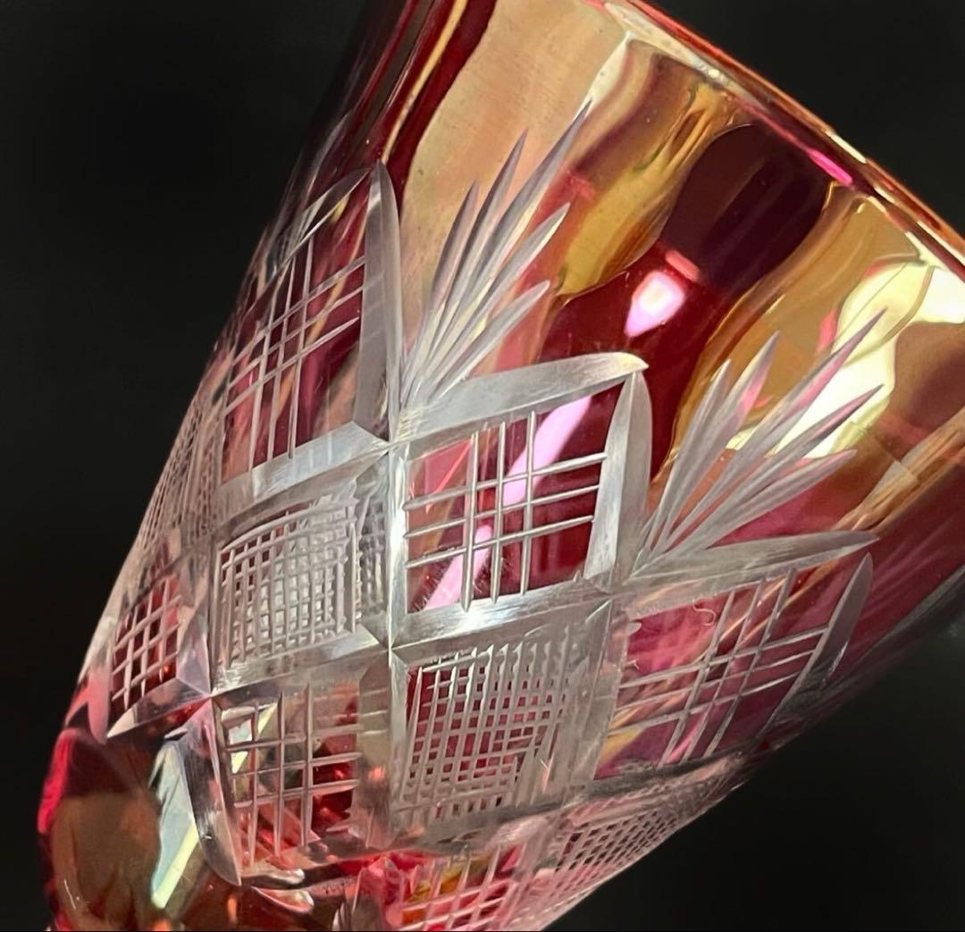 『衿』江戸切子 金赤 ワイングラス 5客 酒杯 酒器 硝子工芸 （鈴10）