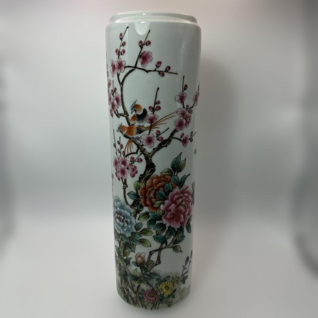 中国，景的鎮，花器，花瓶，花鳥装飾の円筒形陶器