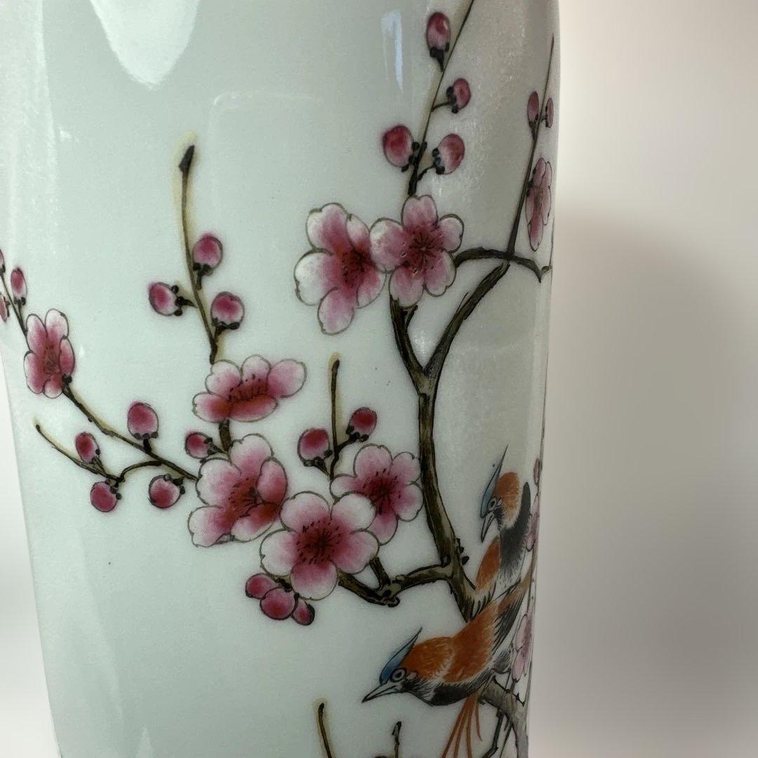 中国，景的鎮，花器，花瓶，花鳥装飾の円筒形陶器