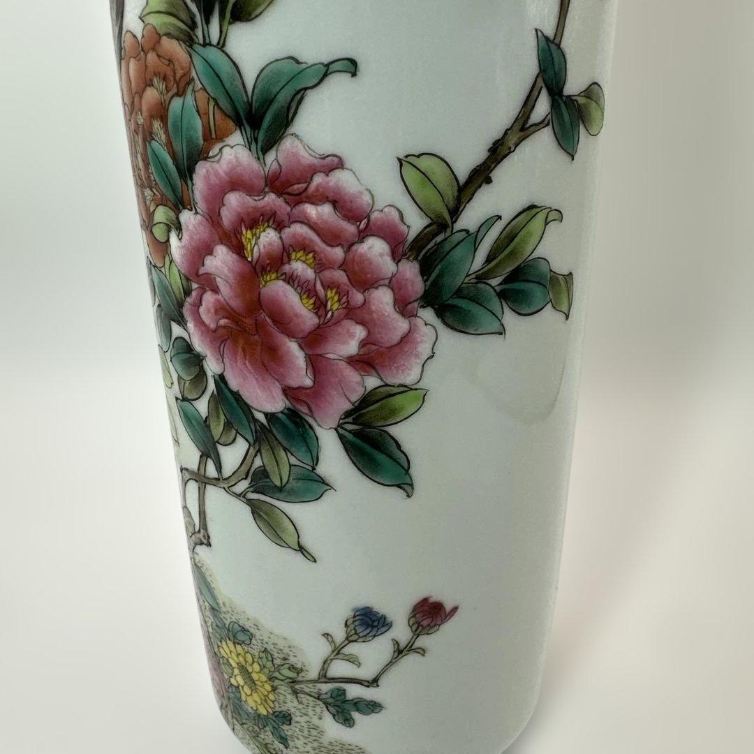 中国，景的鎮，花器，花瓶，花鳥装飾の円筒形陶器