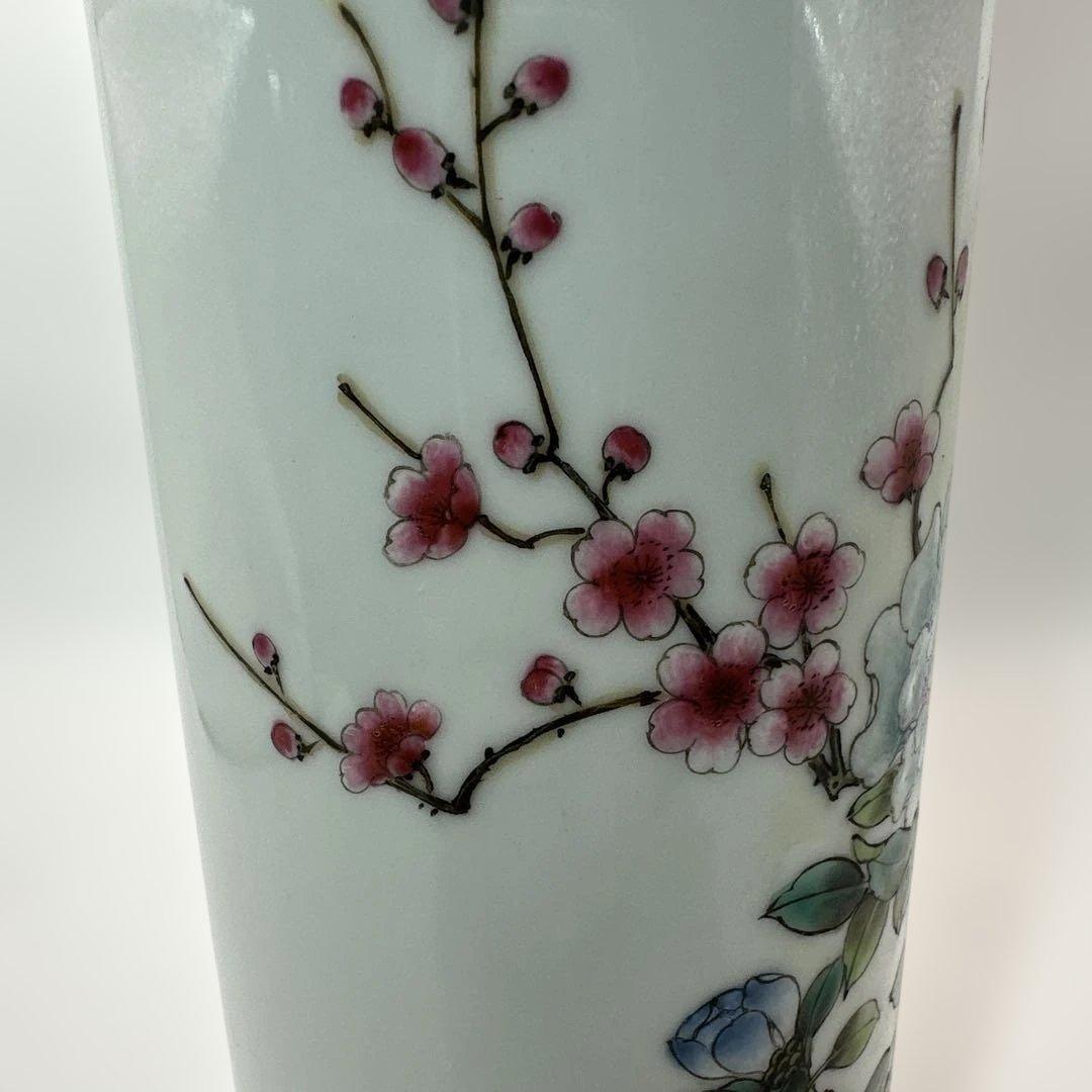 中国，景的鎮，花器，花瓶，花鳥装飾の円筒形陶器