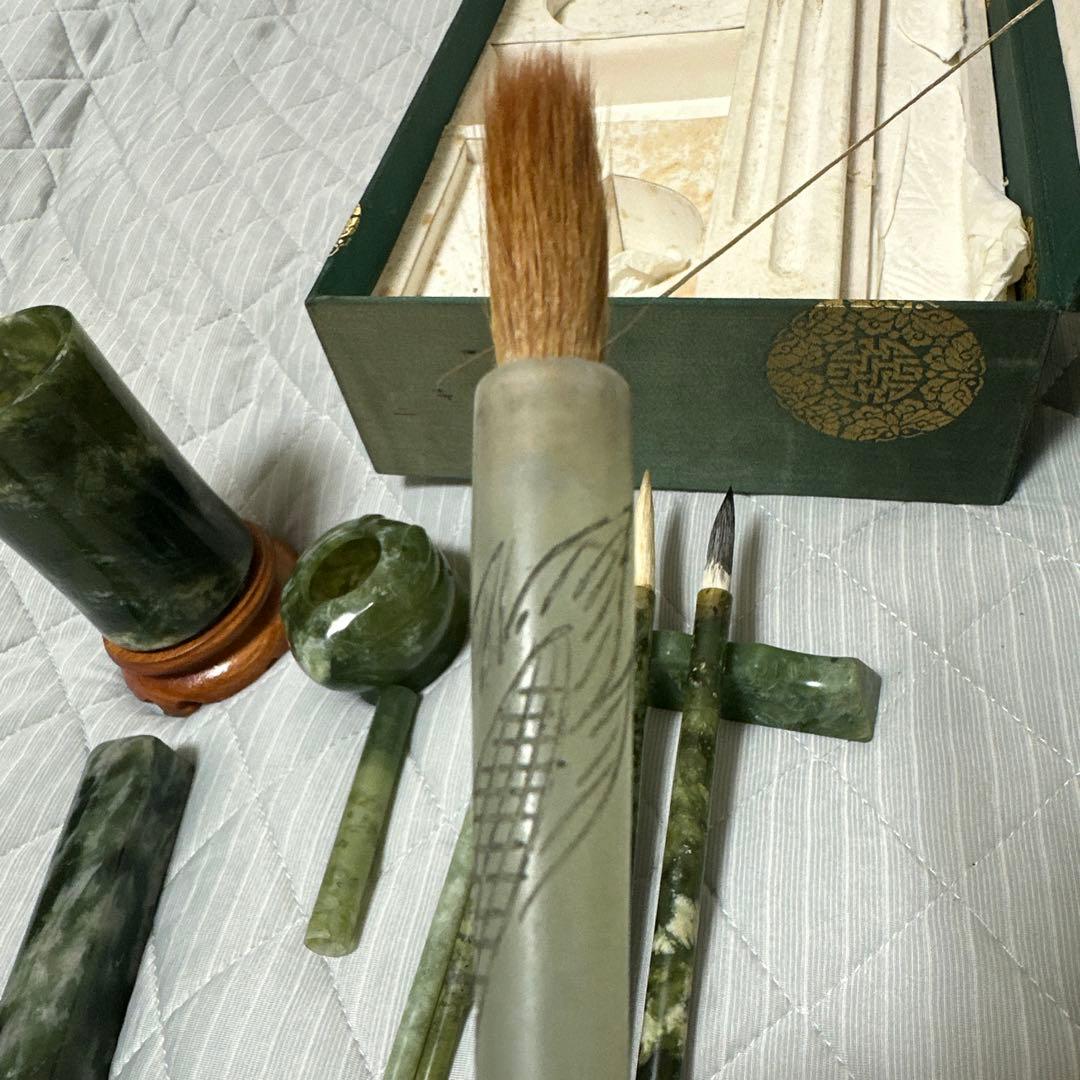 中国美術 和田碧玉 青玉筆 筆入れ 筆筒 書道具セット時代物　原箱付きまとめ