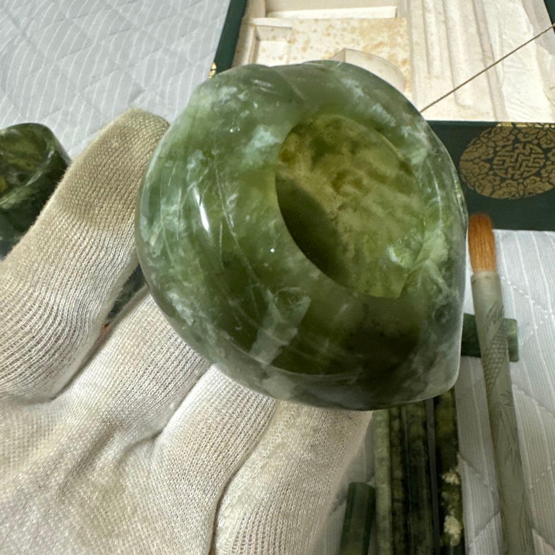 中国美術 和田碧玉 青玉筆 筆入れ 筆筒 書道具セット時代物　原箱付きまとめ