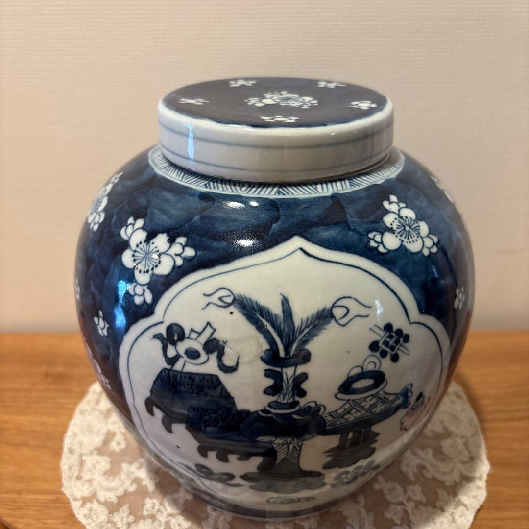 中国古美術　青花氷梅紋　大壷　ジンジャーポット　花瓶　骨董