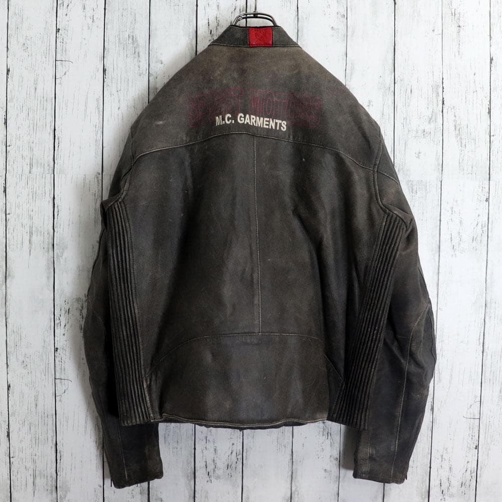 ユーロ古着 polo レーシングライダースジャケット アームロゴ バック刺繍本革