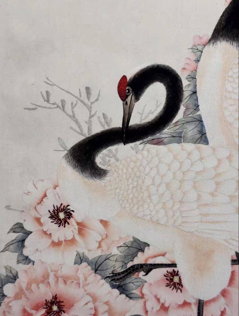 【12月限定価格】水墨画 沈銓《牡丹双鶴》大四尺 中堂画｜掛け軸・実物撮影