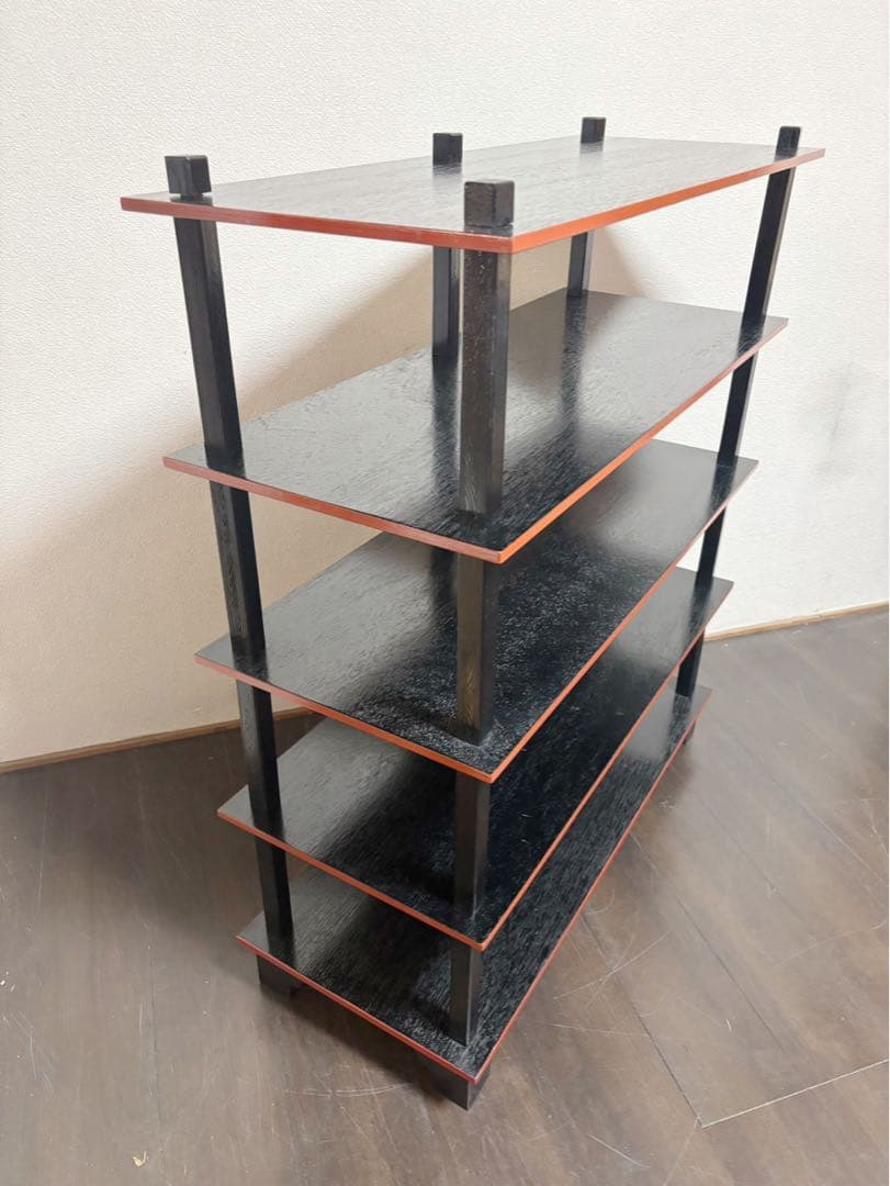 美品 懐石道具 五段 配膳棚 組立式 柿合塗 引出し付 木製爪紅 収納家具茶器