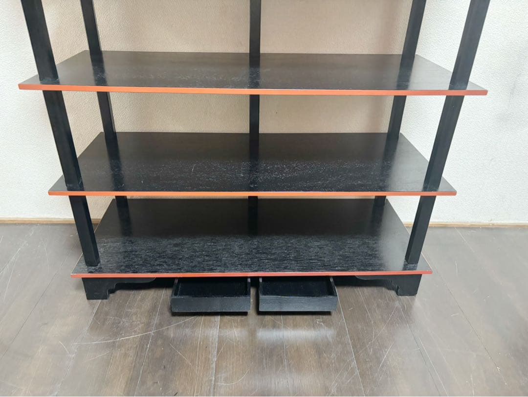 美品 懐石道具 五段 配膳棚 組立式 柿合塗 引出し付 木製爪紅 収納家具茶器