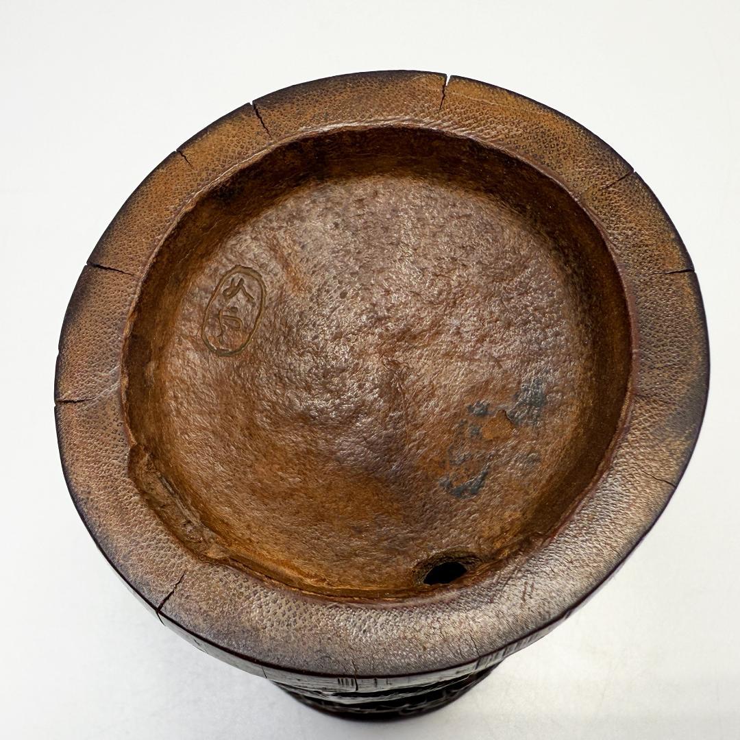 中国美術 竹製 彫刻 筆筒 筆立 書道品 在銘