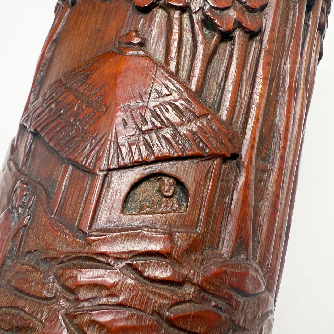 中国美術 竹製 彫刻 筆筒 筆立 書道品 在銘