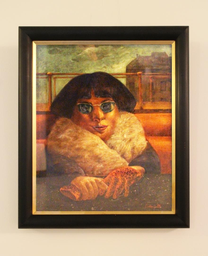 筧本生 油彩『カフェに佇むサングラスをかけた女性』かけいもとなり 1986年