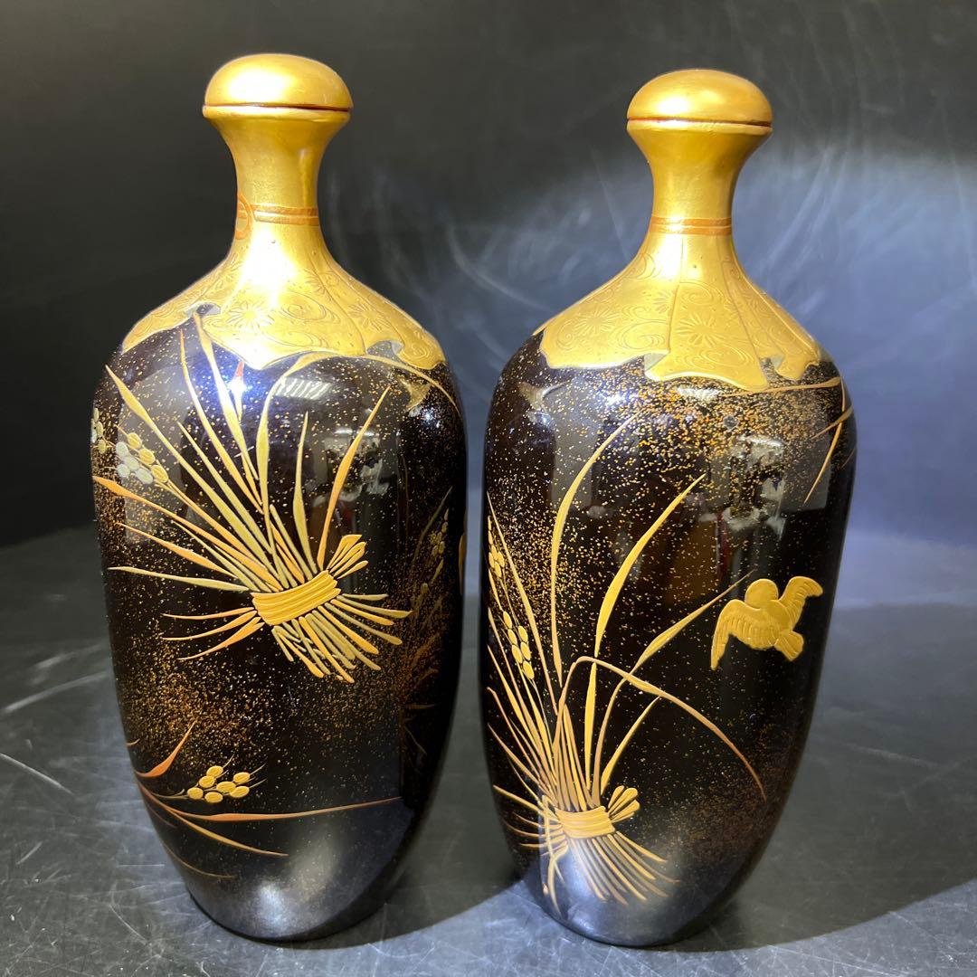 時代　極上手　蒔絵酒瓶子一対　木箱付　高さ約21㎝　東Y7-1125☆2Fトコニ