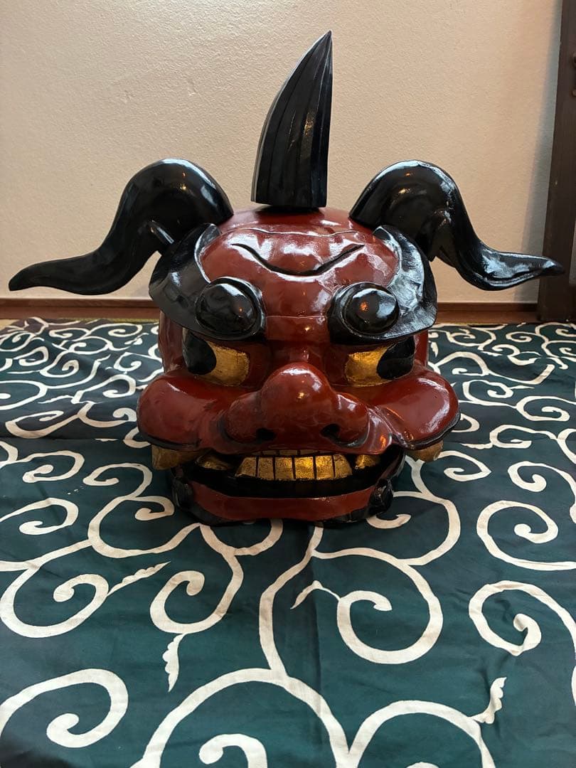 昭和 美品 獅子舞 獅子頭 祝い獅子 木彫り 骨董 唐草模様 風呂敷 希少 レア