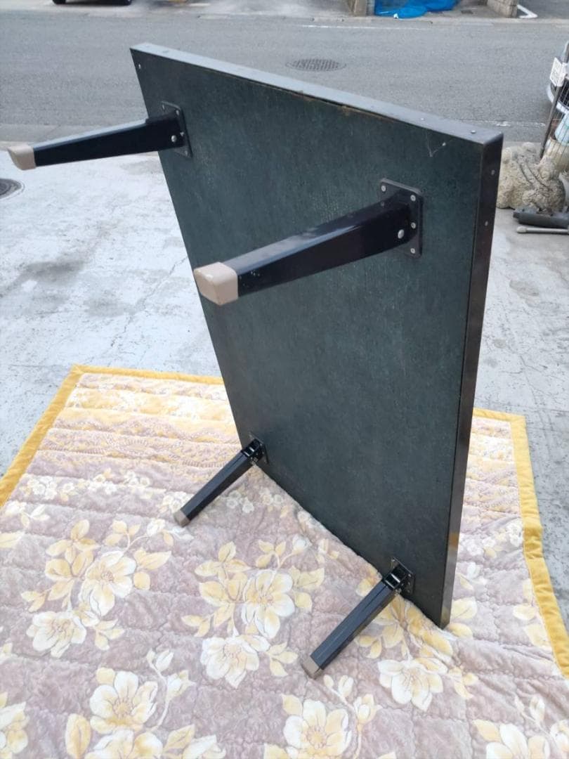 【時代物】竹林画☆彫刻板☆銅版張り☆折れ足 テーブル アンティークテーブル