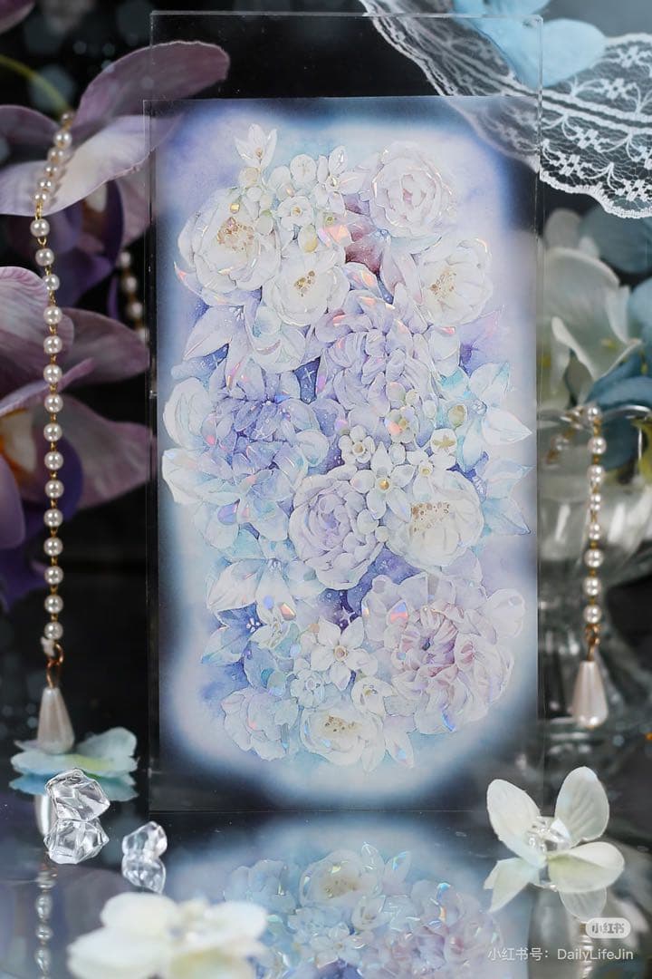 【9398】海外4/10m巻　貝殻光マスキングテープ　半透明　ブルー　お花背景系