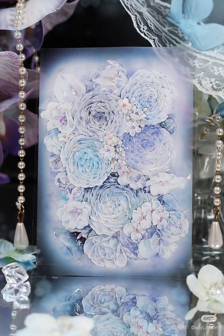 【9398】海外4/10m巻　貝殻光マスキングテープ　半透明　ブルー　お花背景系