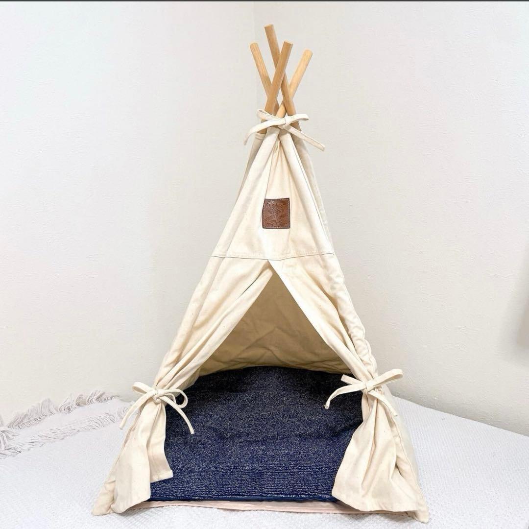 新品テント型ペットハウスCAINSカインズ猫ペット用テント ティピー紺ネイビー白