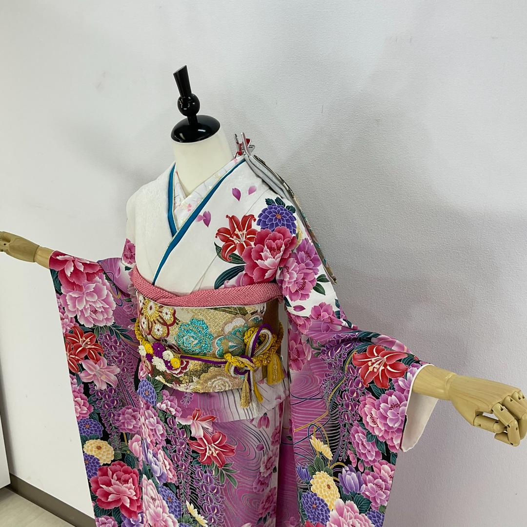 お振袖　単品　お仕立て上り品　白×紅紫　玉　正絹　美品　成人式　袴スタイルにも