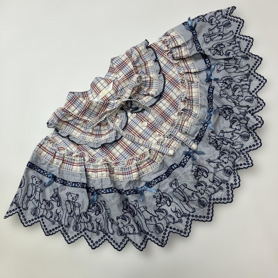 【試し付けのみ】ピンクハウス ブルー系チェック くまちゃん刺繍 ケープ/2021