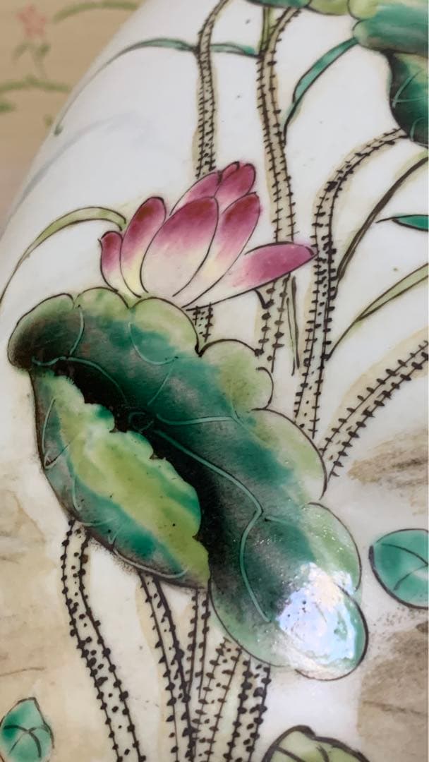 シノワズリ　ビンテージ　粉彩 漢詩花鳥紋飾り大壷　大花瓶　大甕　オリジナル蓋付き