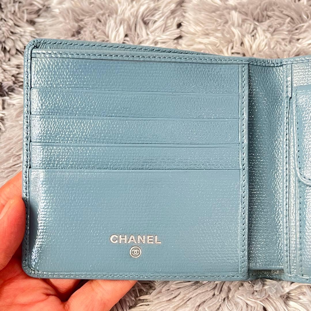 CHANEL 折り財布　ココマーク　ココボタン　水色　レディース