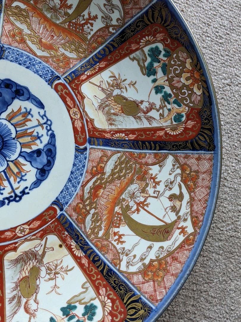 ♦江戸時代 古伊万里 染付 金襴手八窓宝船文大皿 コレクション骨董品アンティーク