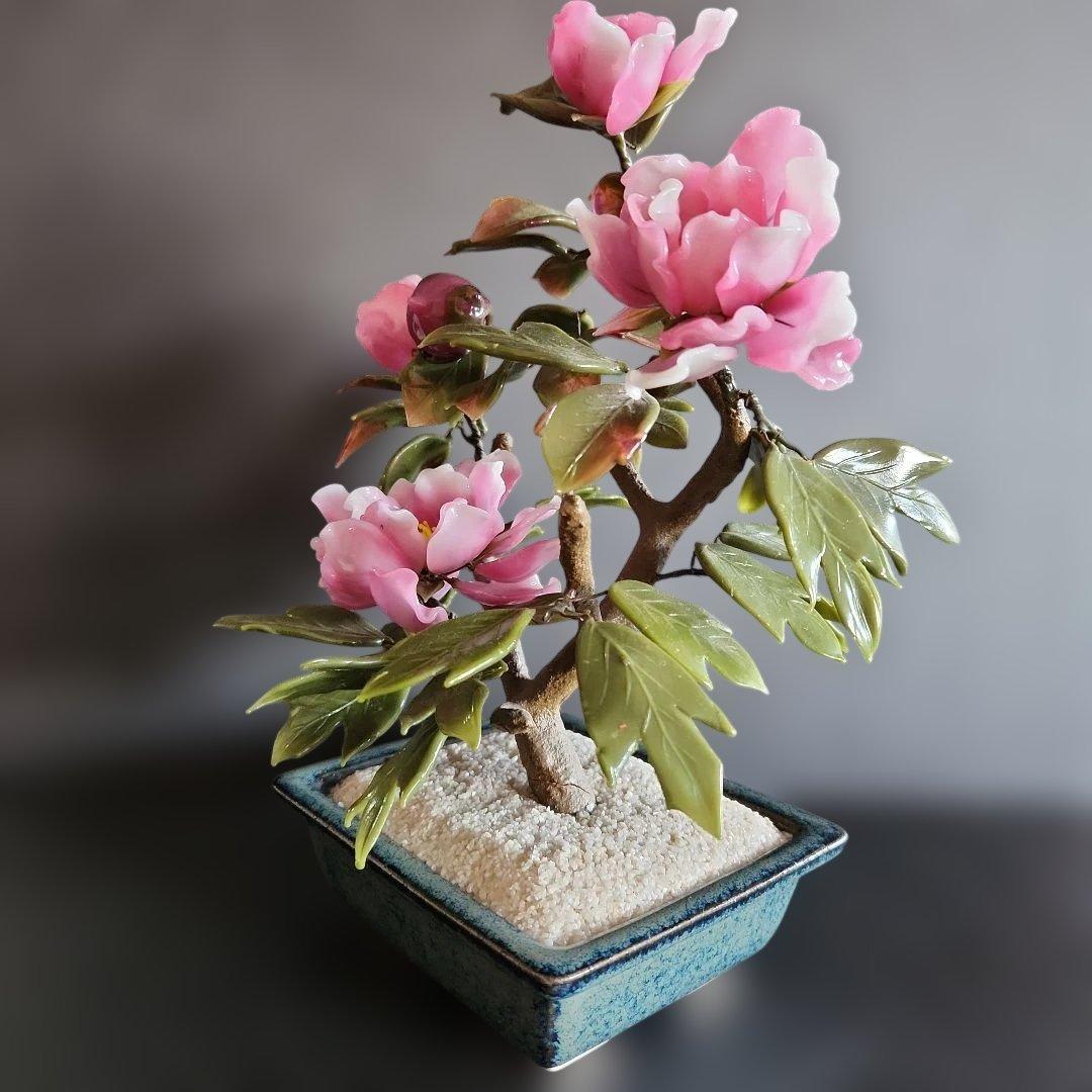 ガラス細工手作り牡丹の盆栽仕立て置物