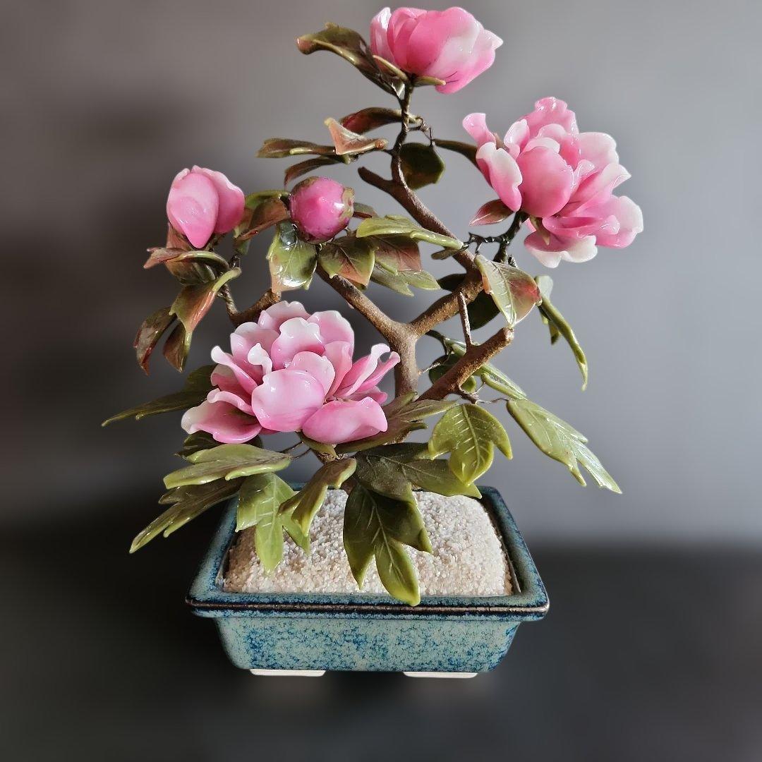ガラス細工手作り牡丹の盆栽仕立て置物