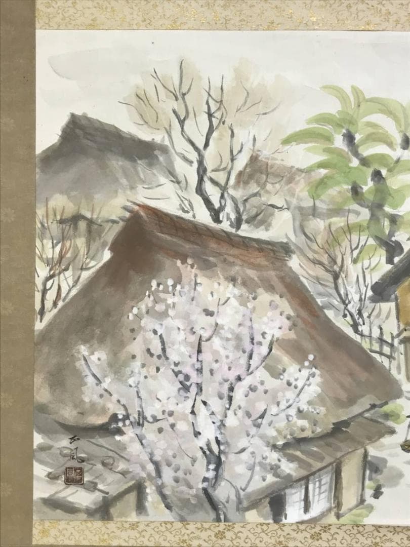 【真作】正風/田家の春図/山水図/春景山村図/横物/掛軸/名家伝来/AD-228