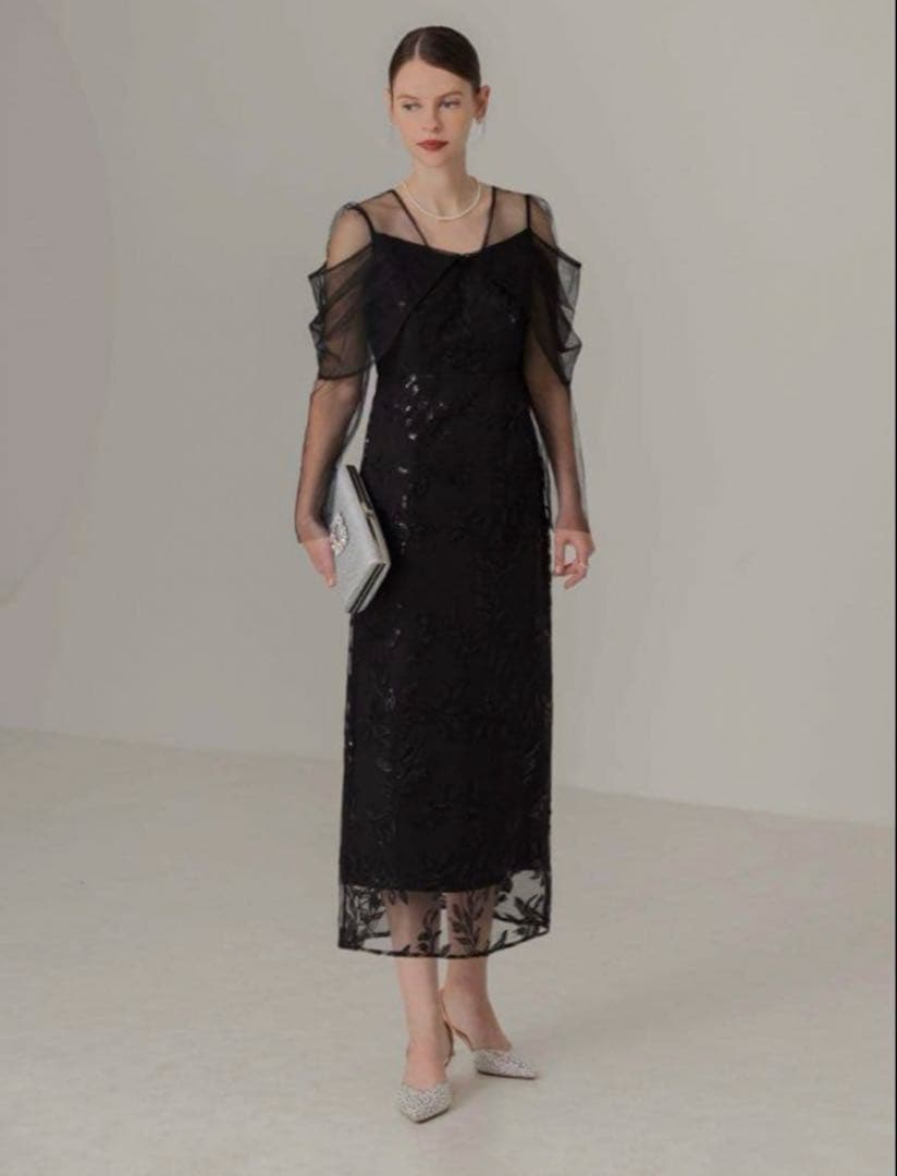 Leja オフショルダー レース パーティードレス 黒 S