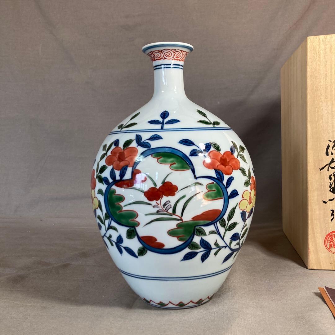 【源右衛門】古伊万里の伝統　日本の名窯　舘林源右衛門作　染錦古伊万里椿絵　花瓶