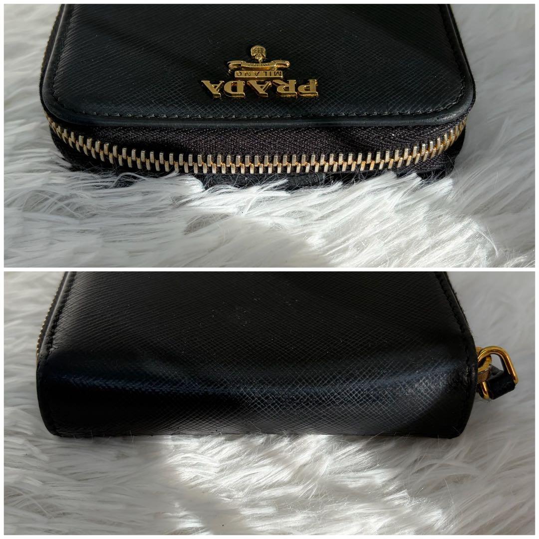 美品✨プラダ　二つ折り　金ロゴ　サフィアーノ　ラウンドファスナー　レザー　黒