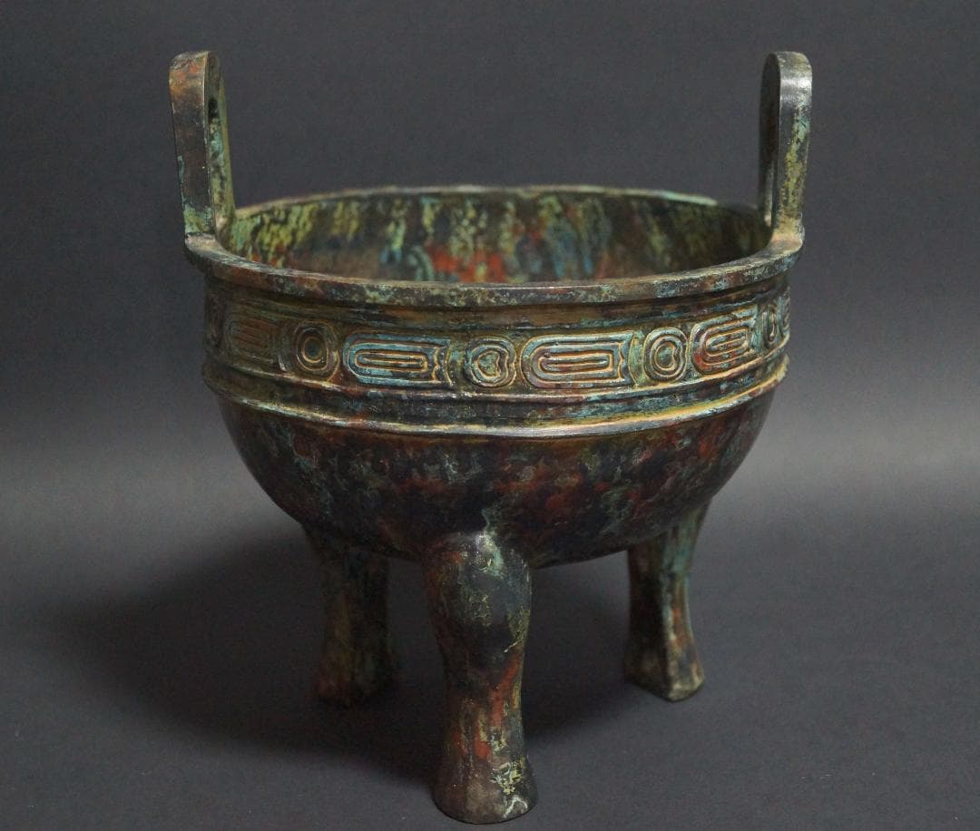 時代青銅製 金工細工 西周鼎 大型香炉 銘文入 置物 オブジェ 古美術 茶道具★