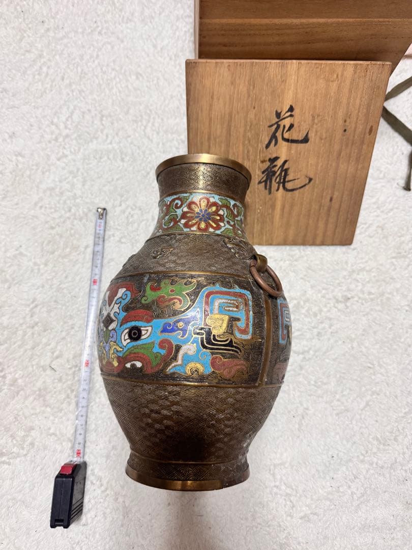 【希少骨董品】 中国 花瓶 壺 美術 古銅 古玩 亀甲文 七宝 双獣耳時代物