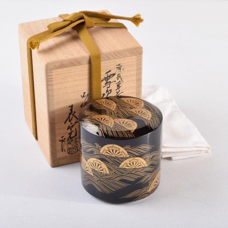 はるこ　茶道具　塗師川瀬表完作　源氏車蒔絵雪吹茶入　共布共箱　V　8966