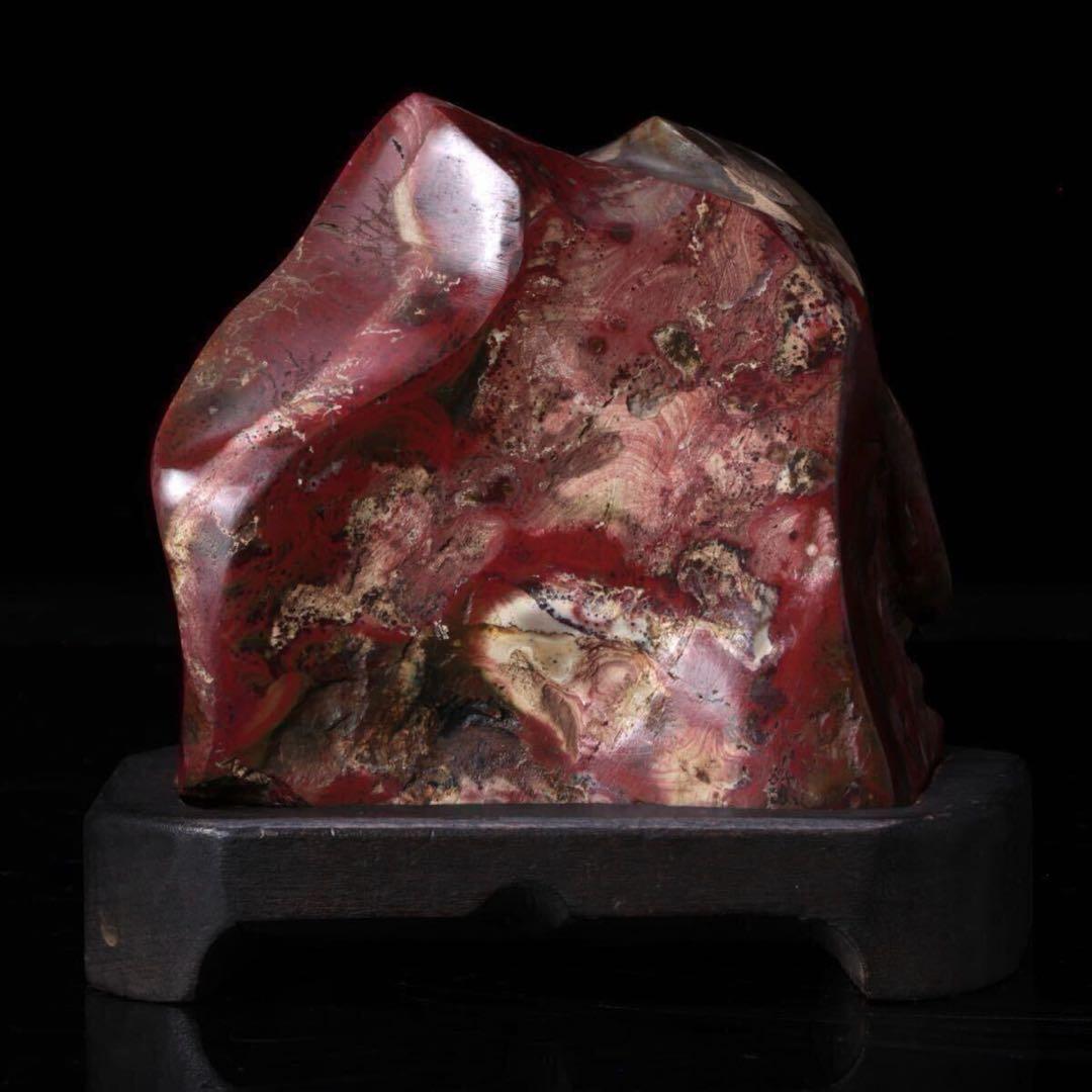 【希少・美石】佐渡 錦紅石 錦石 錦瑪瑙 赤玉石 ジャスパー 鑑賞石 台座付
