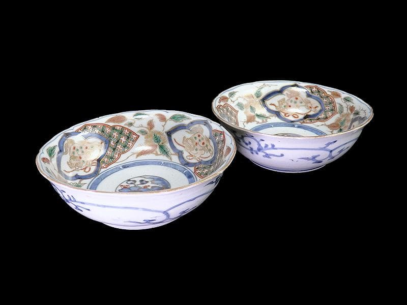 古伊万里　染錦　獅子に七宝紋の図　膾皿　２客　D797AS-fbqy