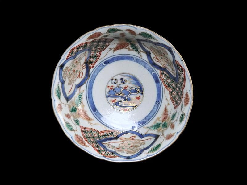 古伊万里　染錦　獅子に七宝紋の図　膾皿　２客　D797AS-fbqy