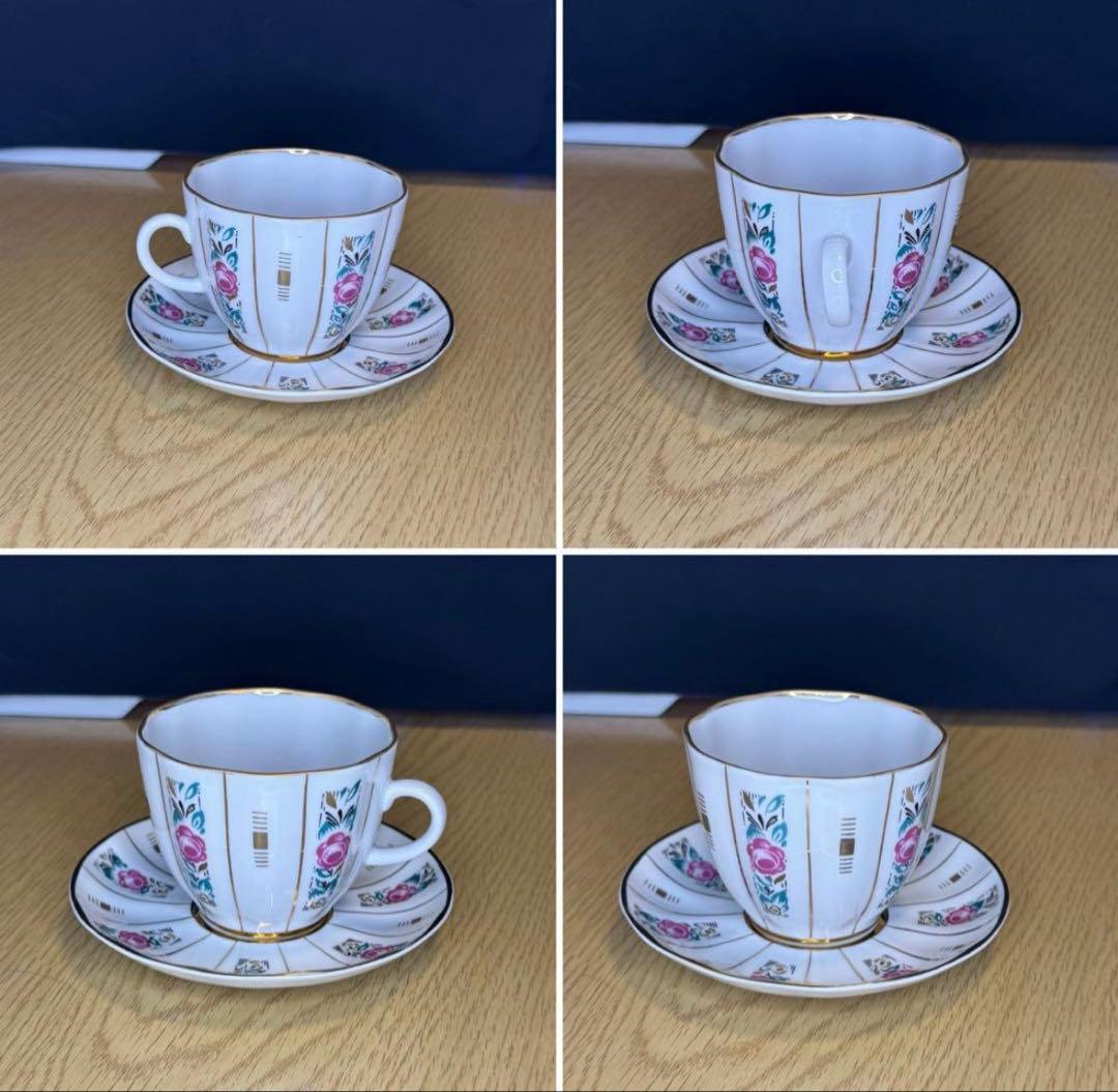 アンティーク　ソビエト　ロモノーソフ　ピンク花柄カップ＆ソーサーとケーキ皿　6点