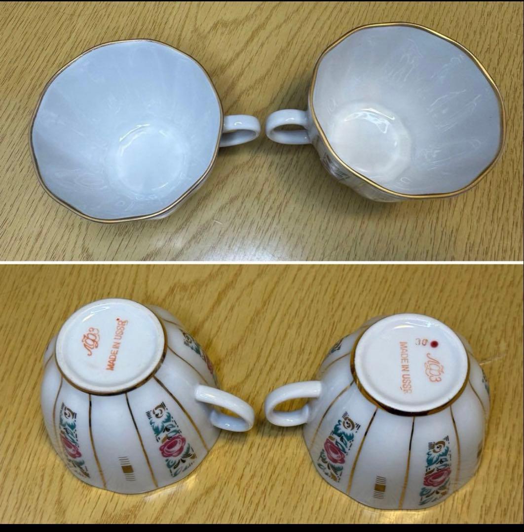 アンティーク　ソビエト　ロモノーソフ　ピンク花柄カップ＆ソーサーとケーキ皿　6点