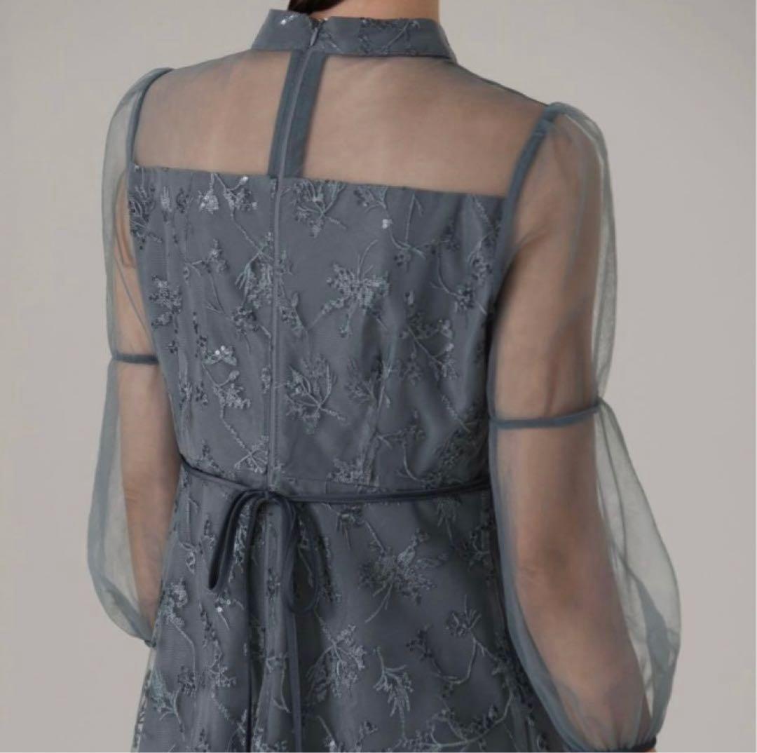 Leja花柄レーススパンコールワンピースドレス　刺繍入りグレー　ブルー　ドレス