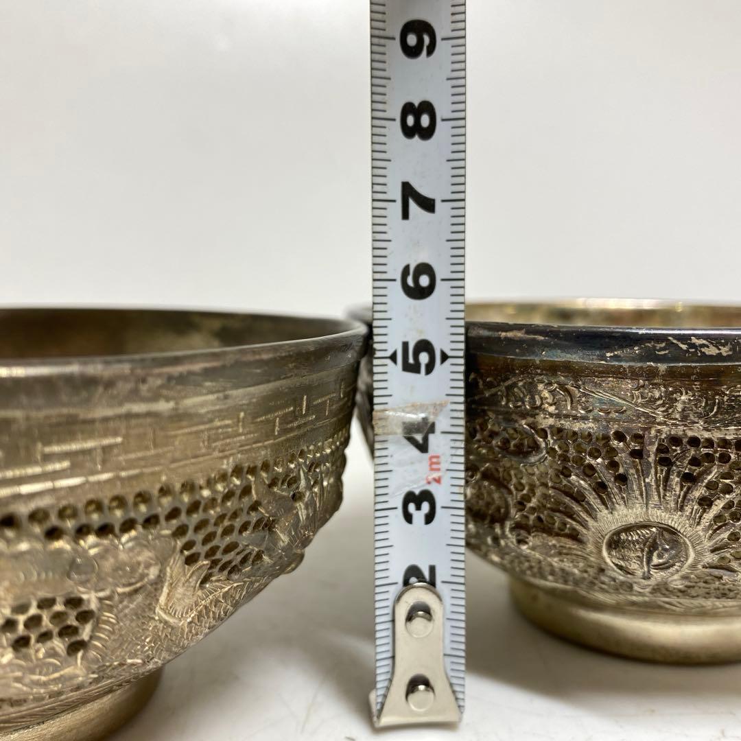 中国古玩　龍銀細工茶碗　2客　直径11.3㎝　521gタサオ　東な8-0104③